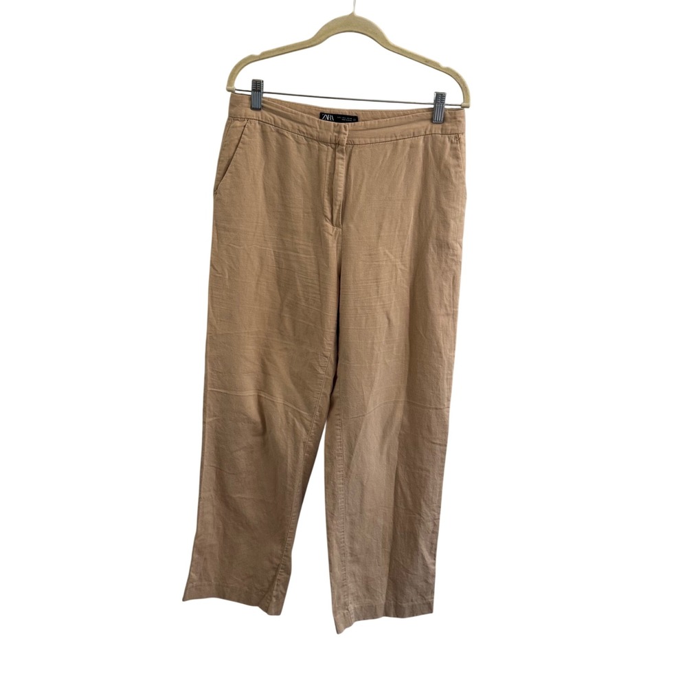 Zara Womens Tan Beige Linen Blend High Waisted Straight Leg Pants Size L